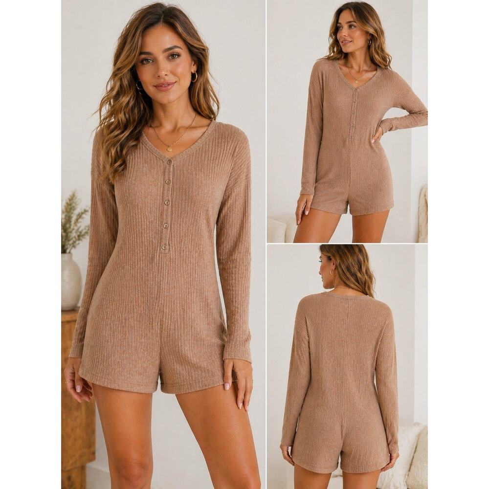 Women’s RibbedShort Romper Jumpsuit Beige Button Front Stretch LongSleeve Size M